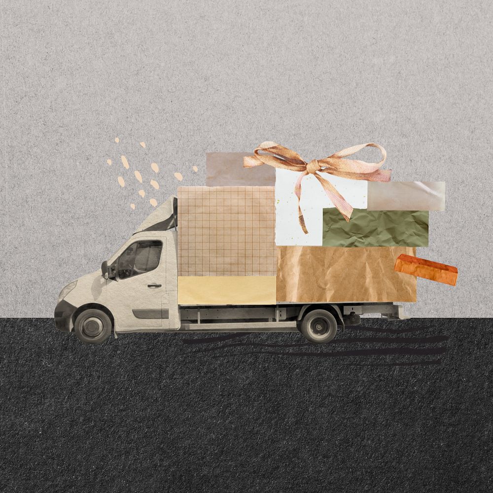 Editable delivery truck, paper collage design