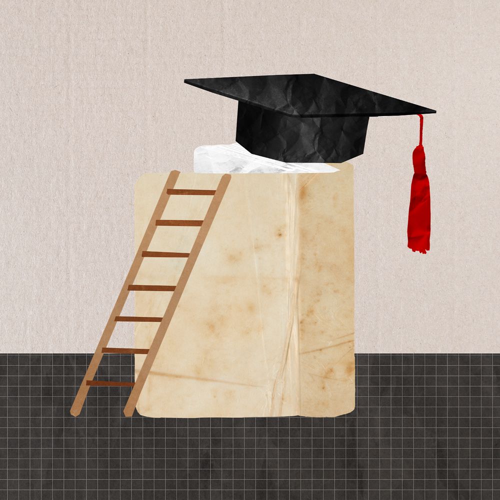 Ladder to graduation cap, editable education paper collage design