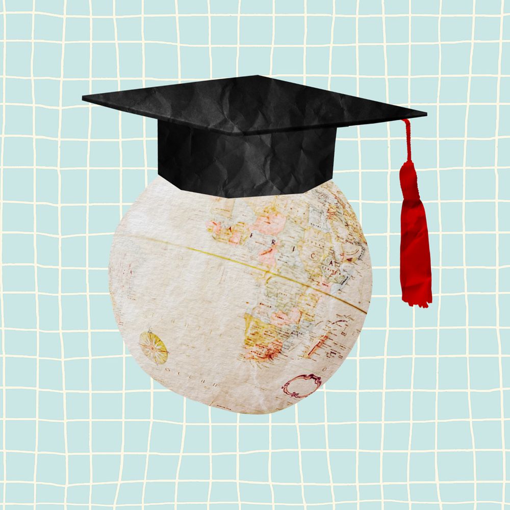 Graduation cap globe, editable education paper collage design