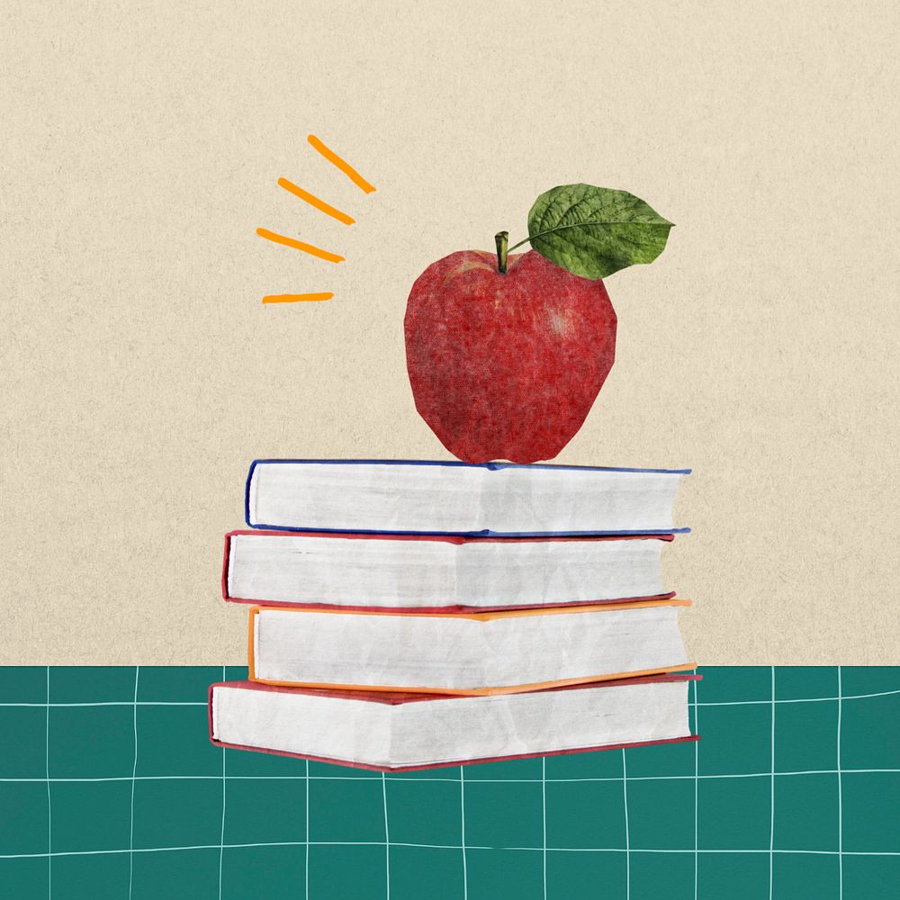 Book stack with apple, editable education design