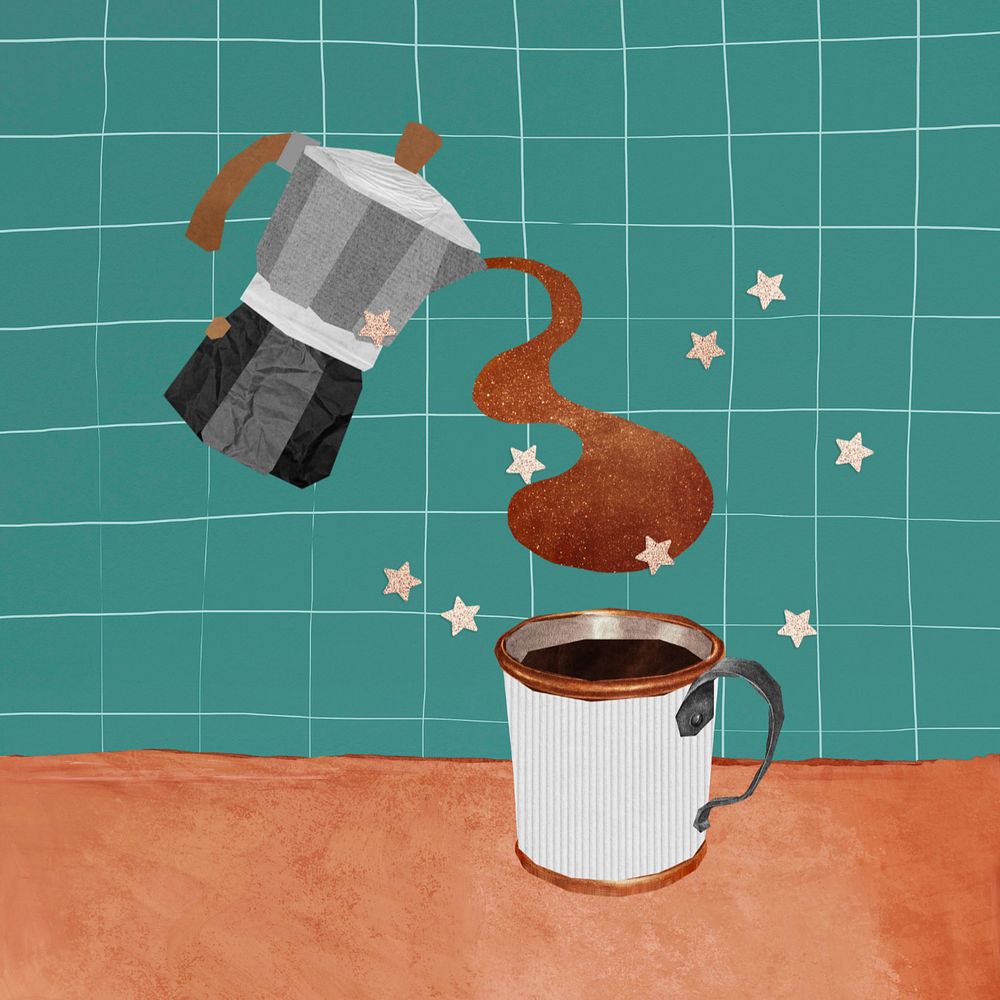 Moka pot pouring coffee, editable paper collage element design