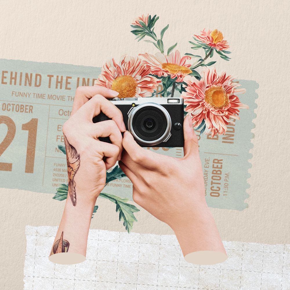 Editable floral retro film camera, aesthetic hobby collage design