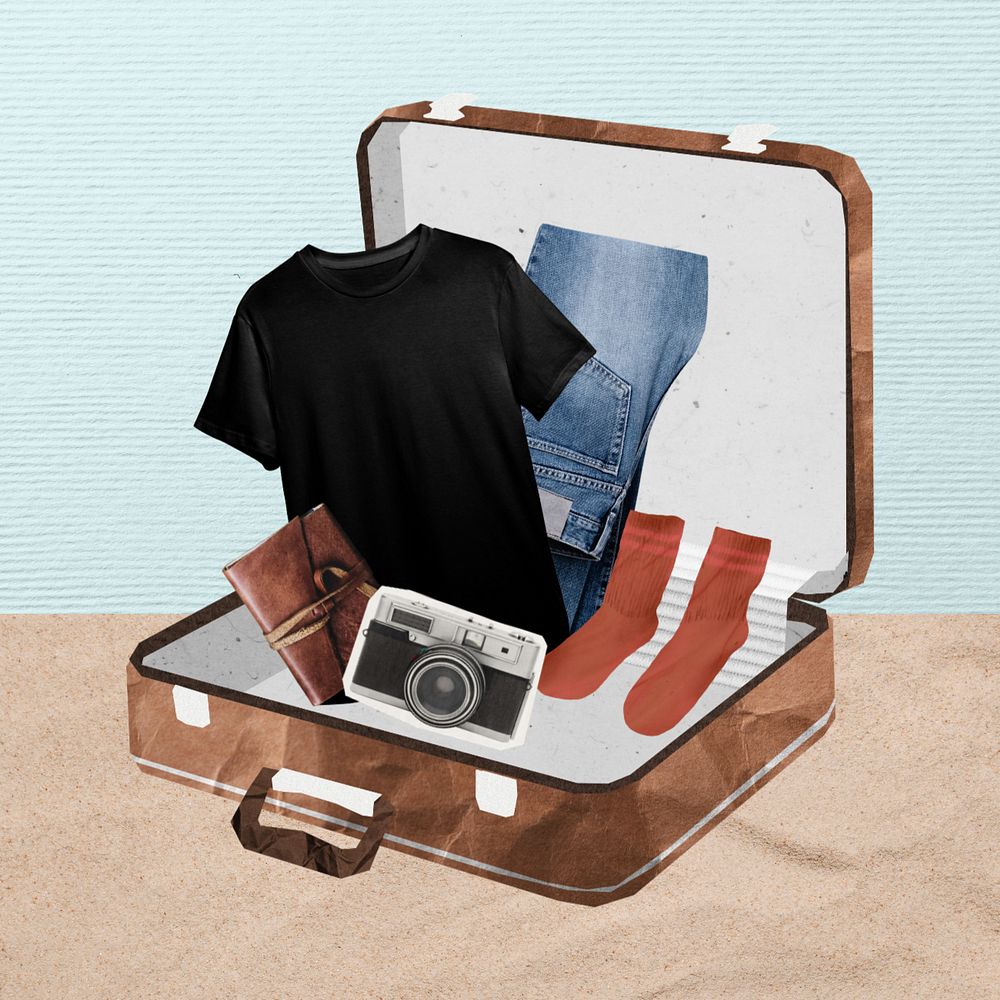 Editable packing briefcase, aesthetic travel collage design