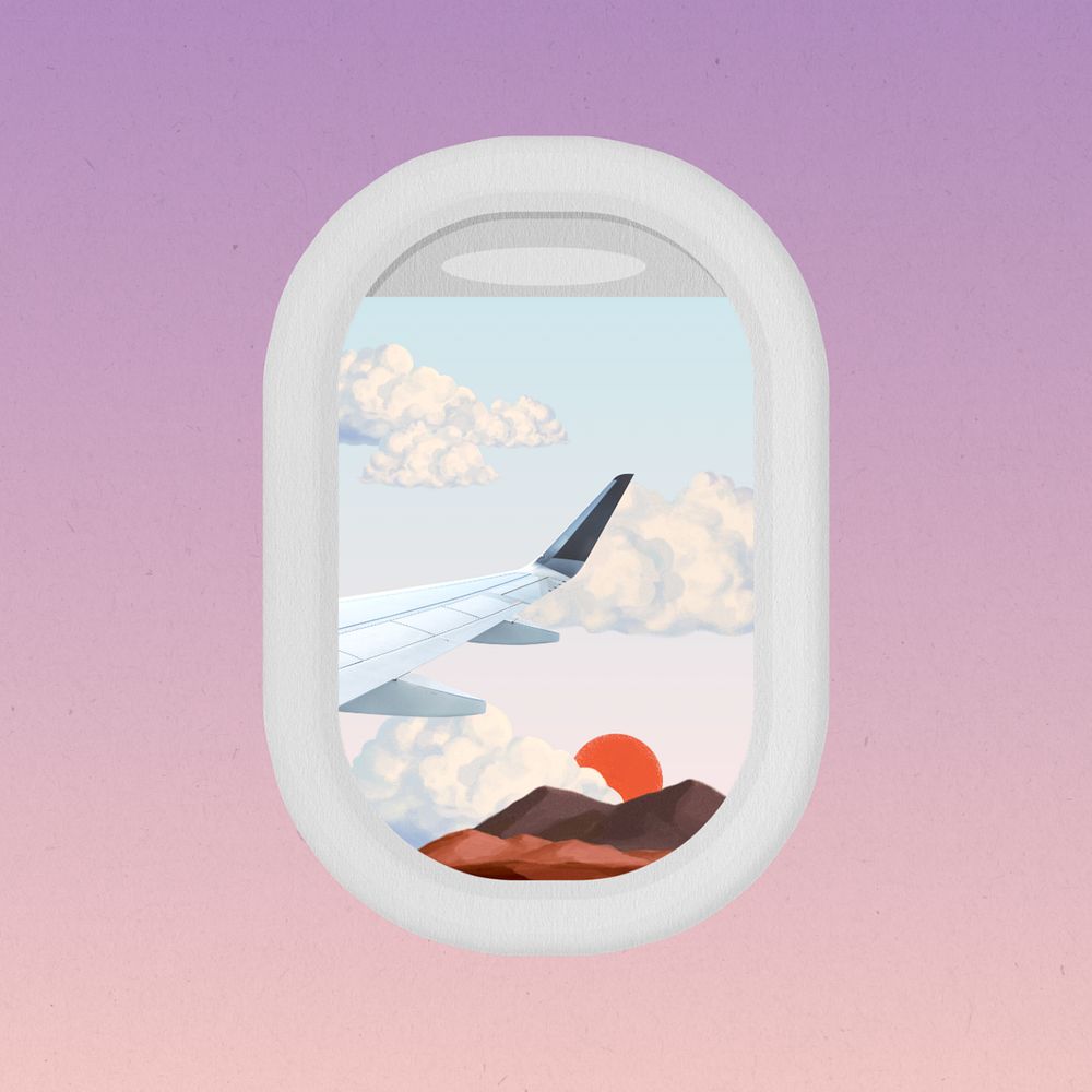 Editable airplane window view, aesthetic travel collage design