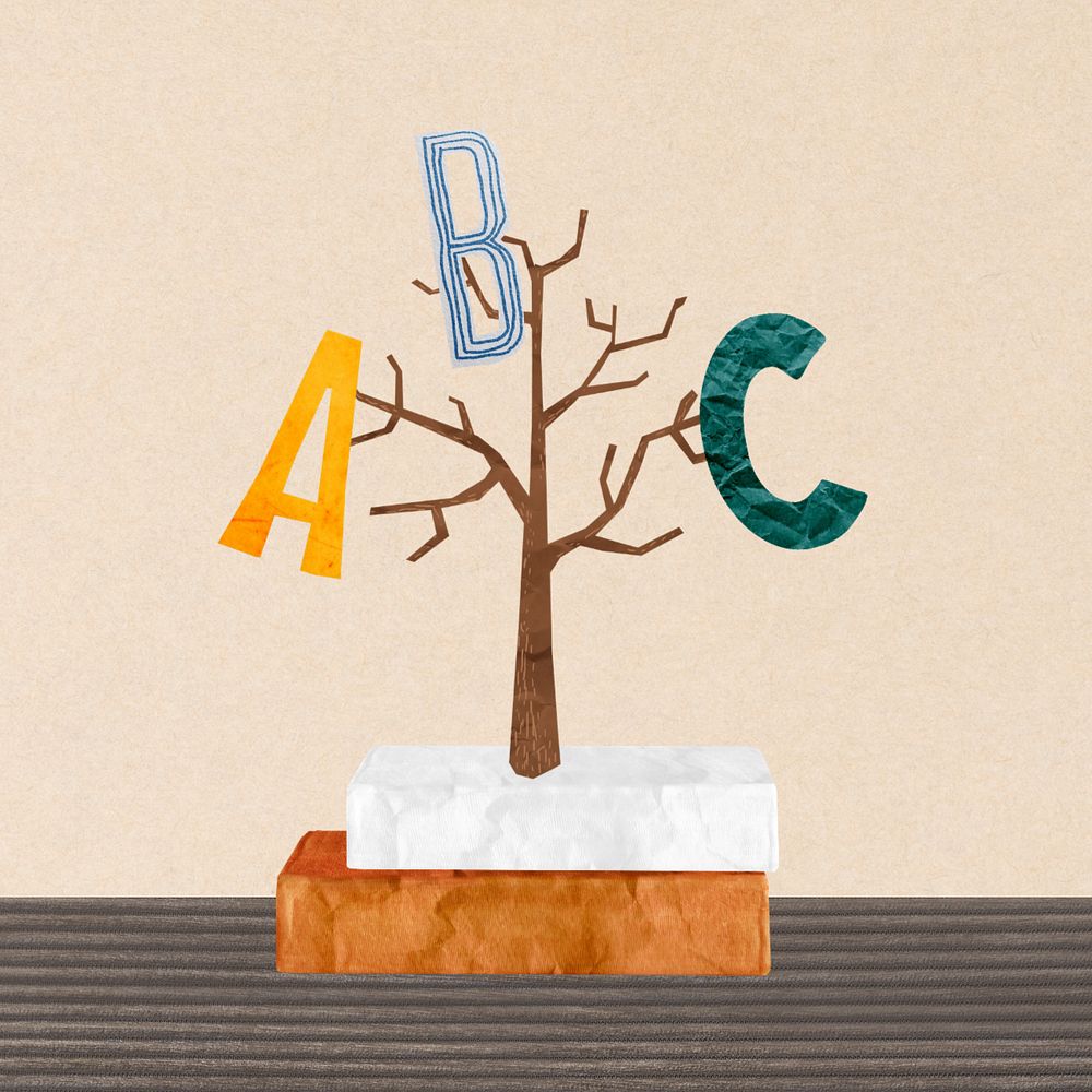 English alphabet tree, editable education paper collage design