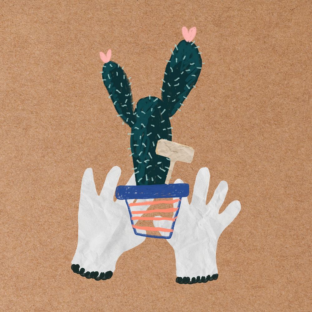 Potted cactus, editable gardening hobby collage art design