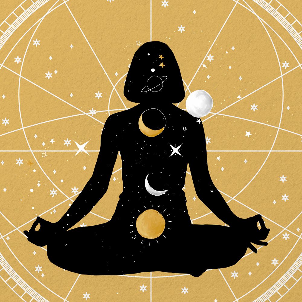 Celestial meditation pose, editable silhouette astrology art design