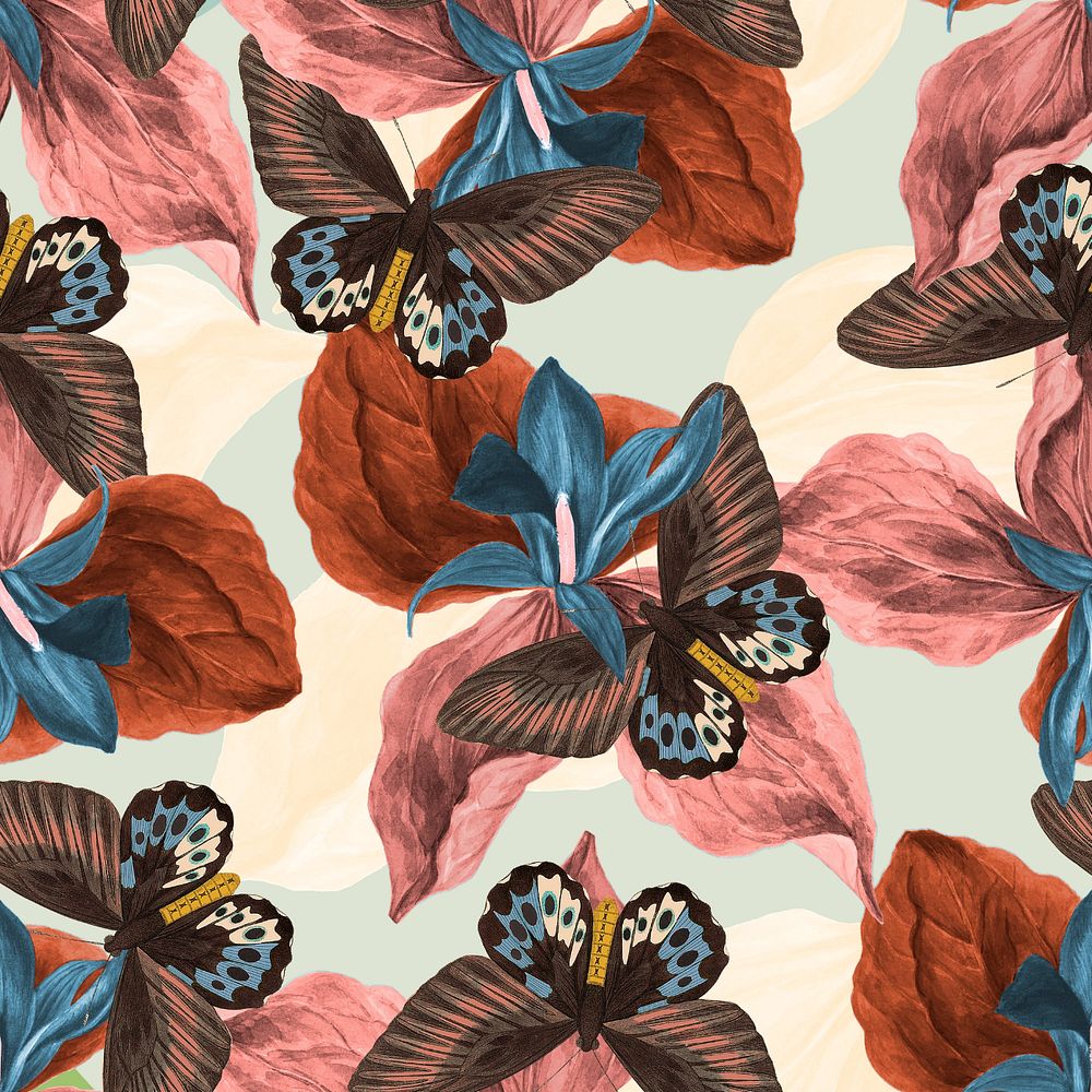 Vintage floral butterfly seamless pattern, exotic nature remix from The Naturalist's Miscellany by George Shaw, editable…