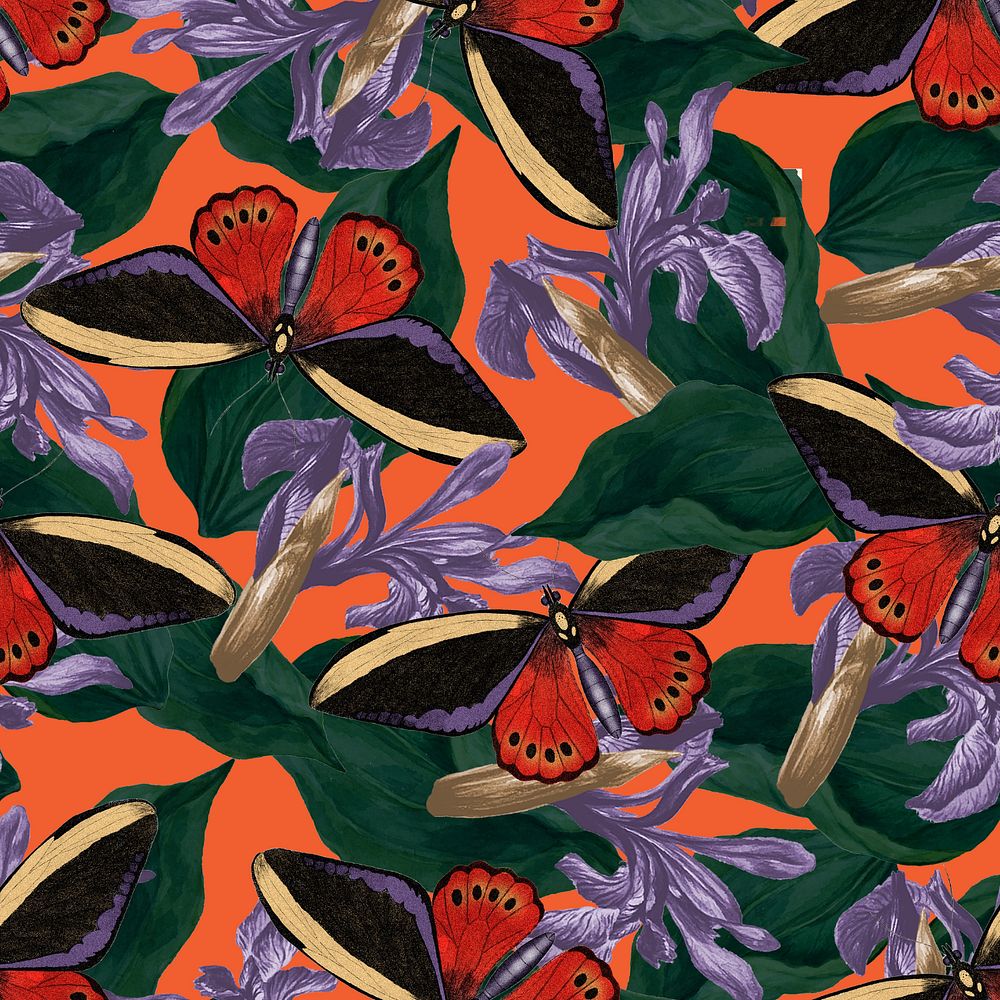 Butterfly botanical seamless pattern, exotic nature background remix from The Naturalist's Miscellany by George Shaw…