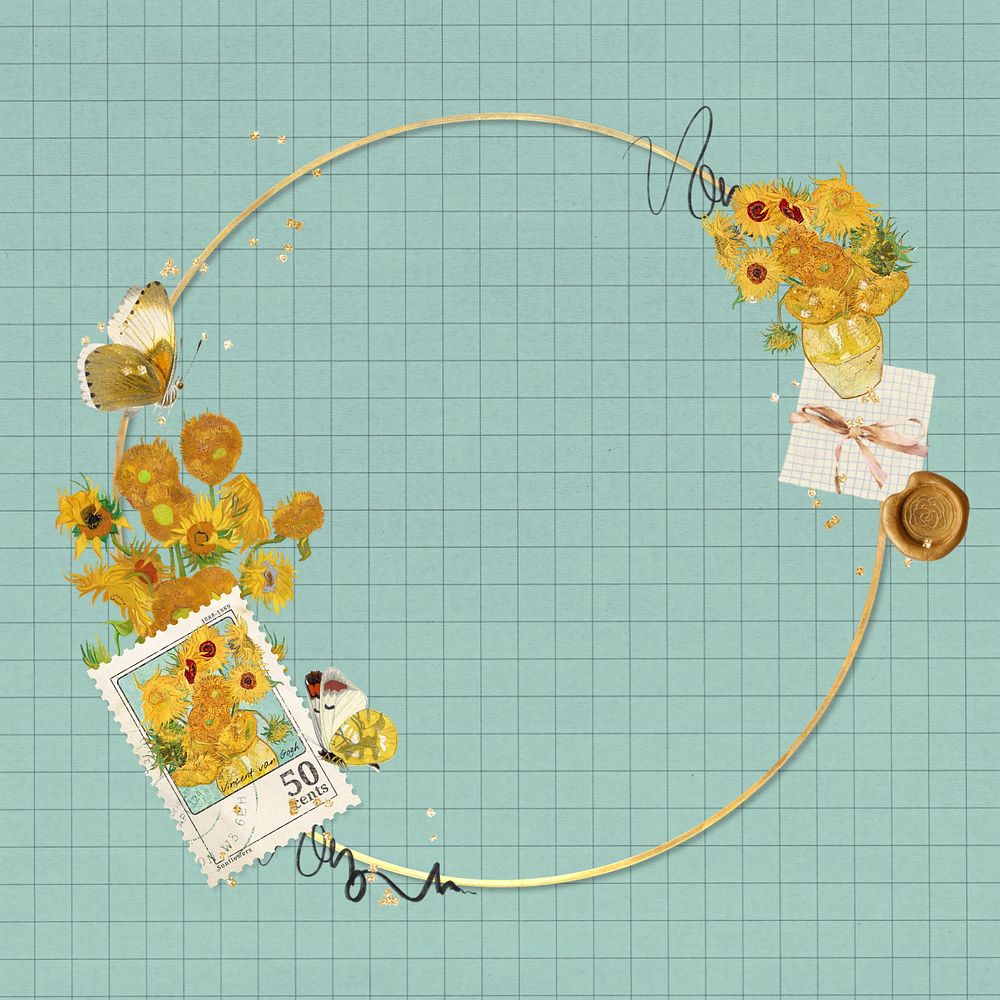 Van Gogh's Sunflowers frame, editable aesthetic gold round, remixed by rawpixel