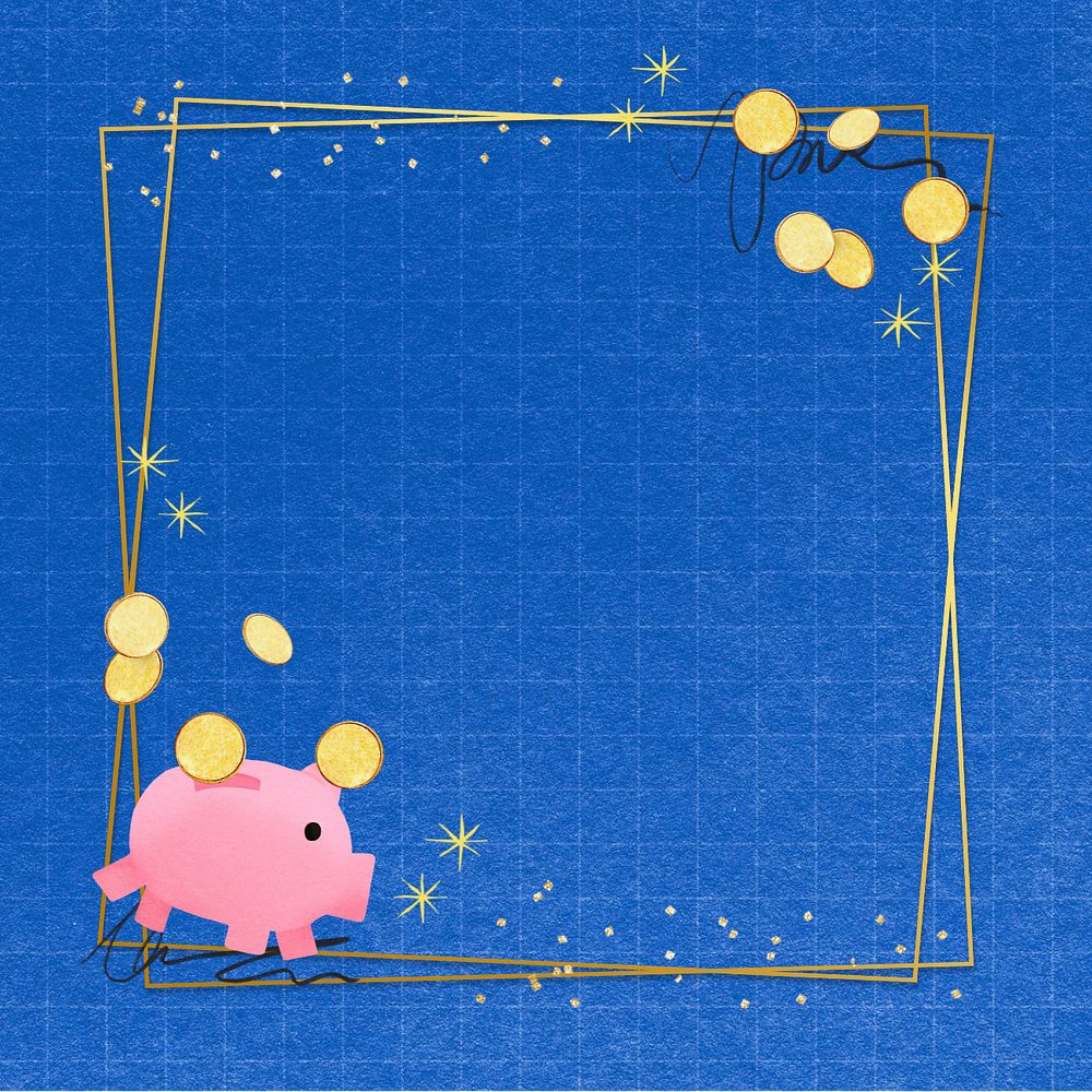 Editable piggy bank savings frame, gold square collage design