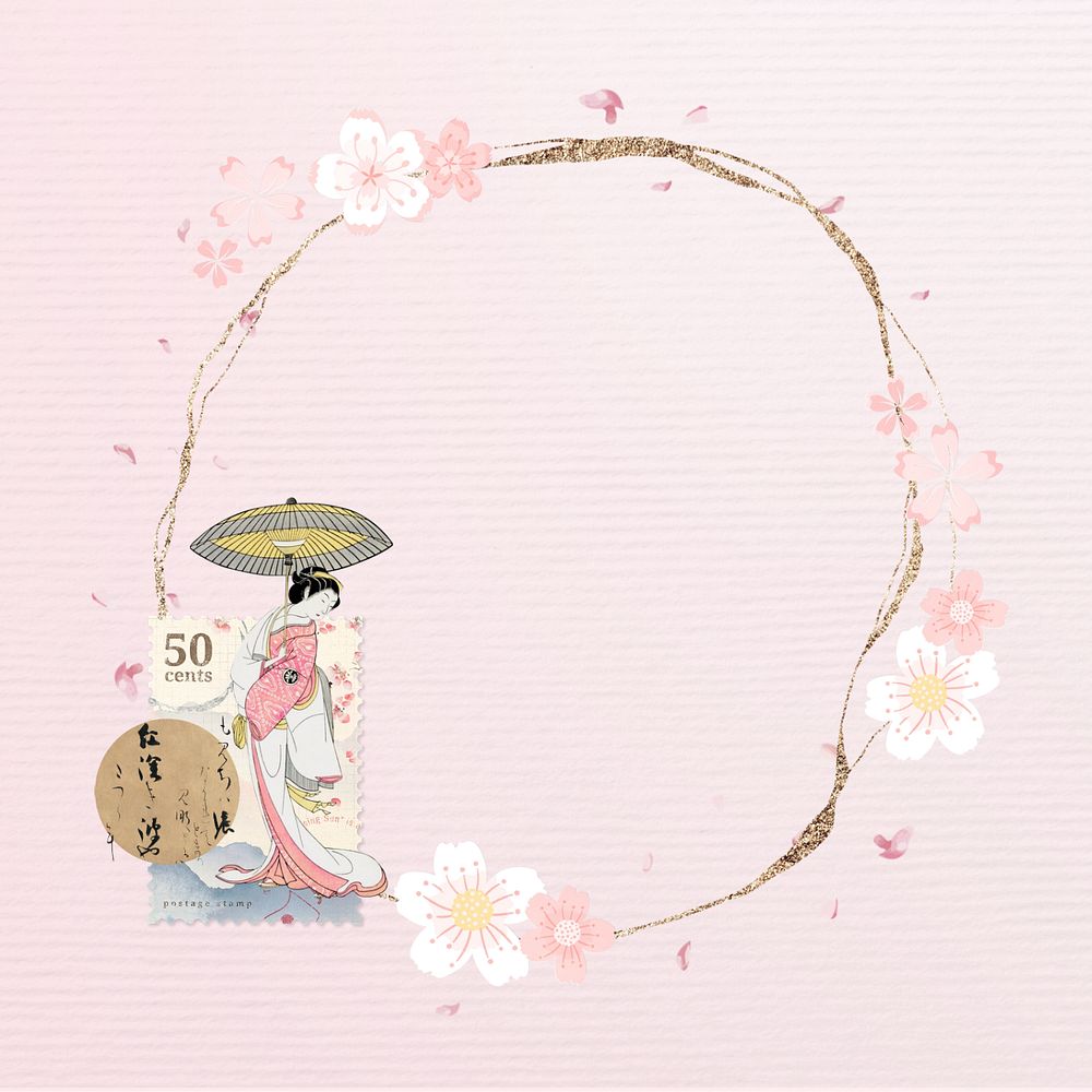 Vintage Japanese woman round frame, editable pink background design