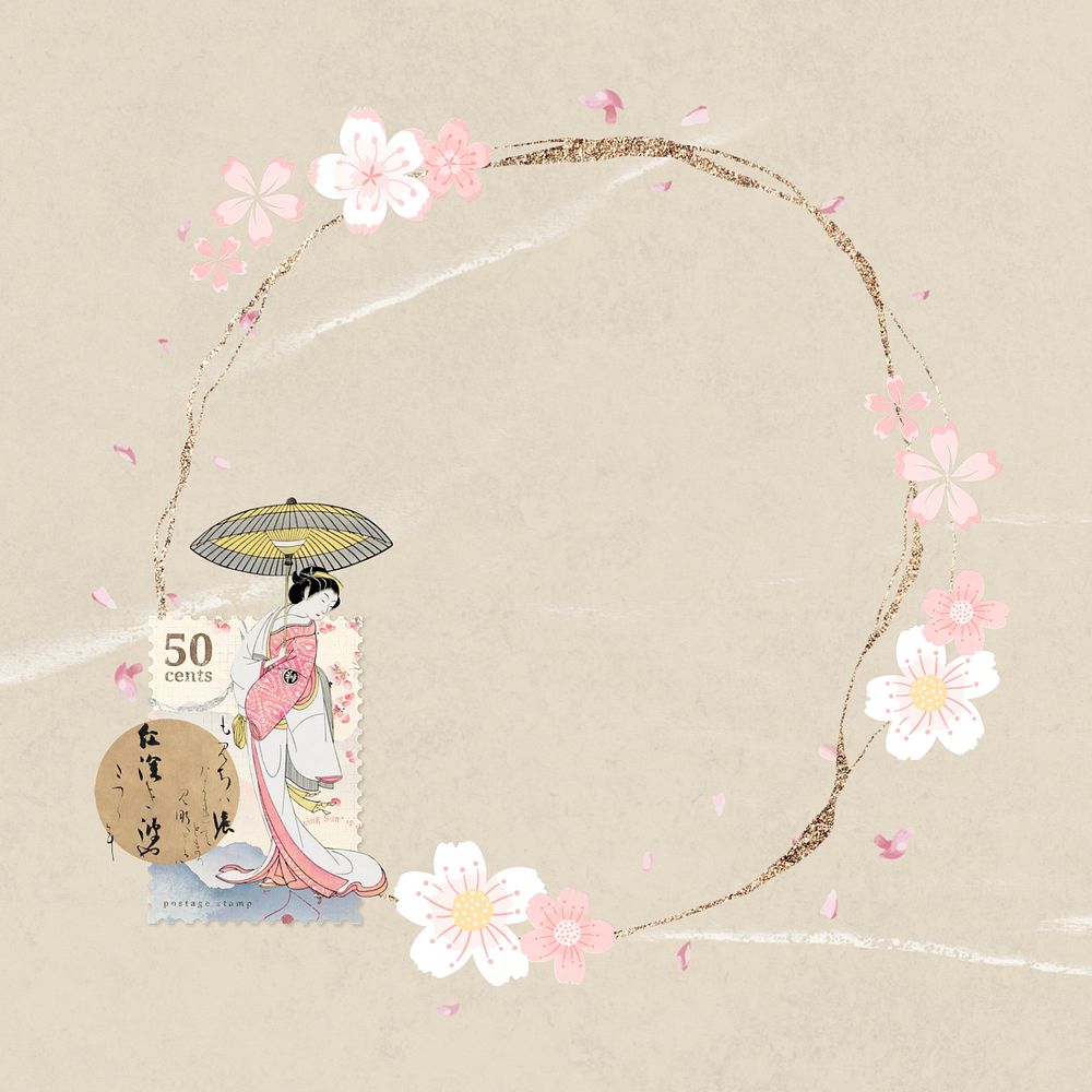 Editable Japanese woman round frame, pink sakura flower design