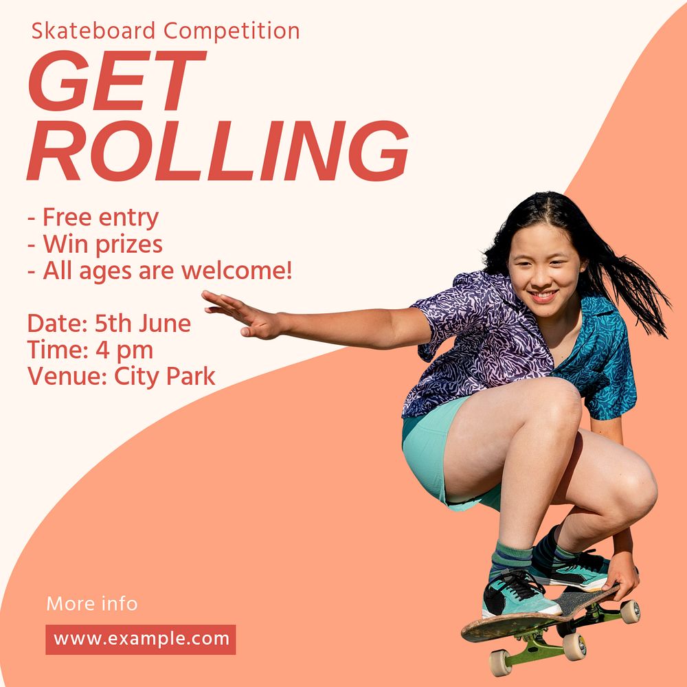 Skateboard competition Instagram post template, editable social media design