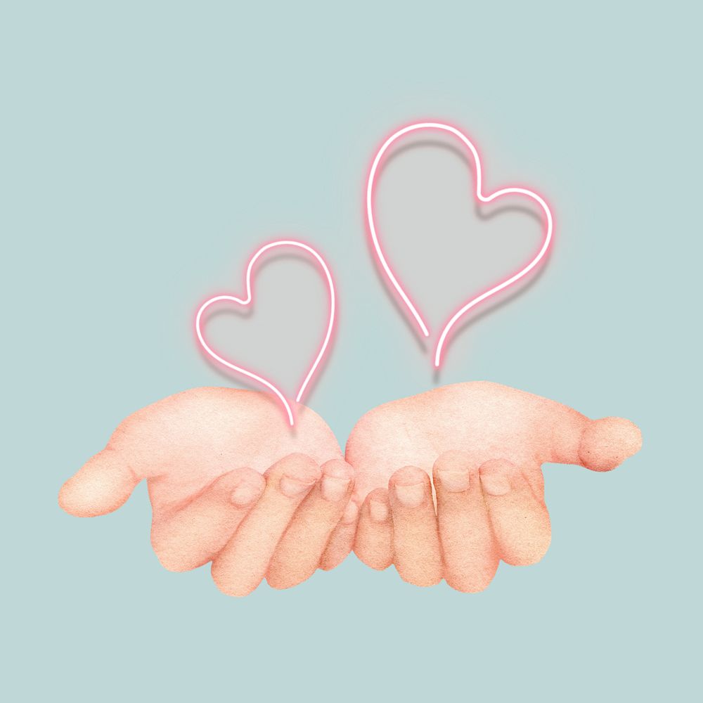 Giving love hand gesture, editable neon hearts collage element remix design