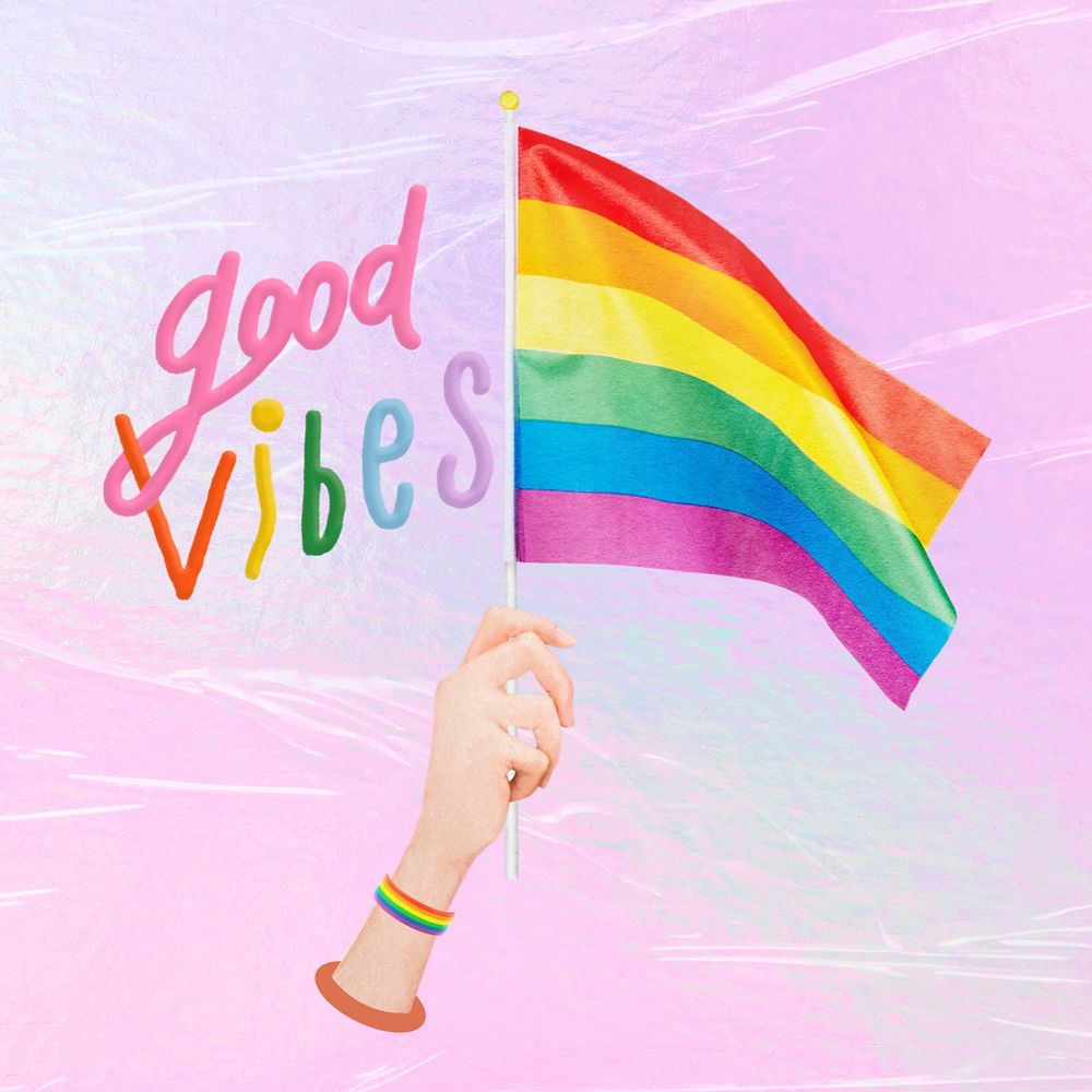 LGBTQ pride flag, editable good vibes words collage design