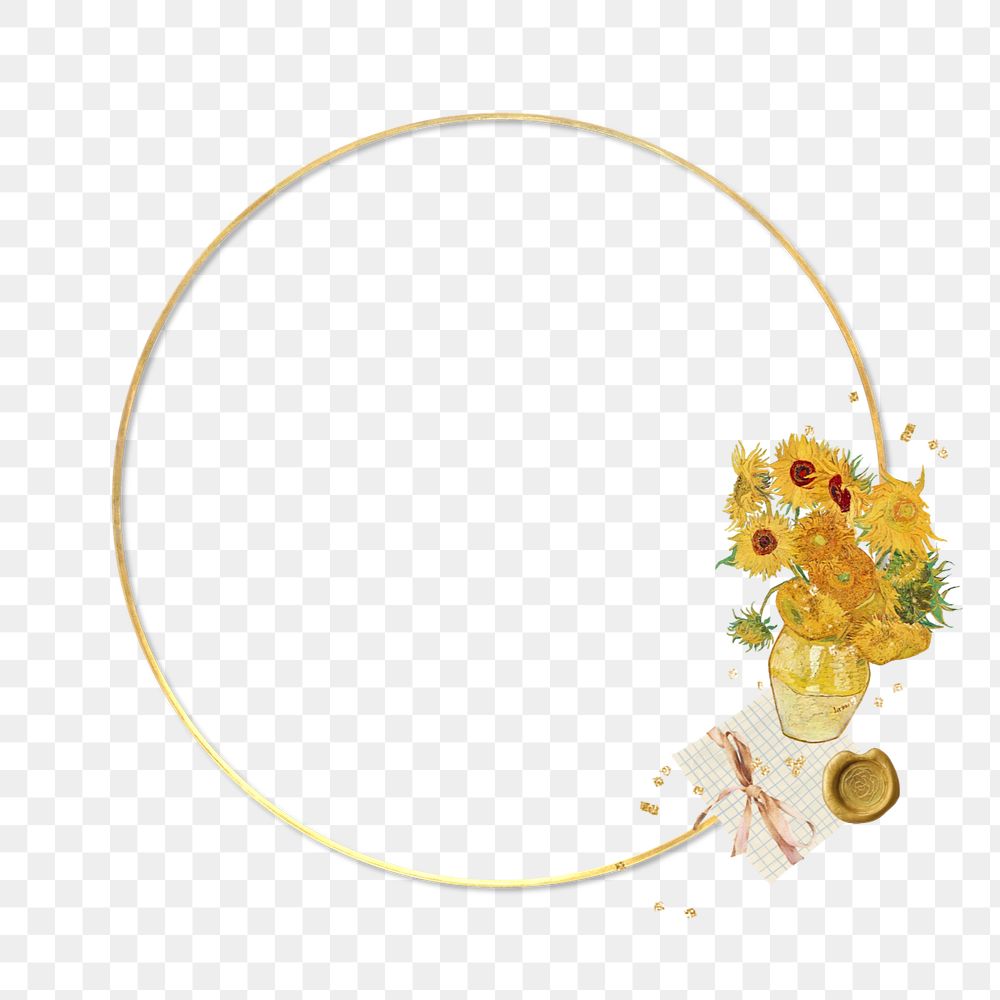 Van Gogh's Sunflowers frame, editable aesthetic gold round, remixed by rawpixel