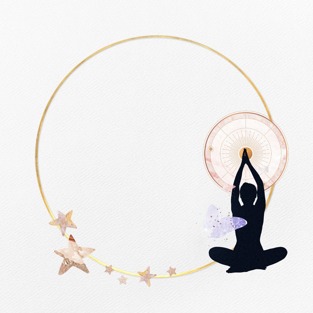 Editable meditating woman round frame, wellness design