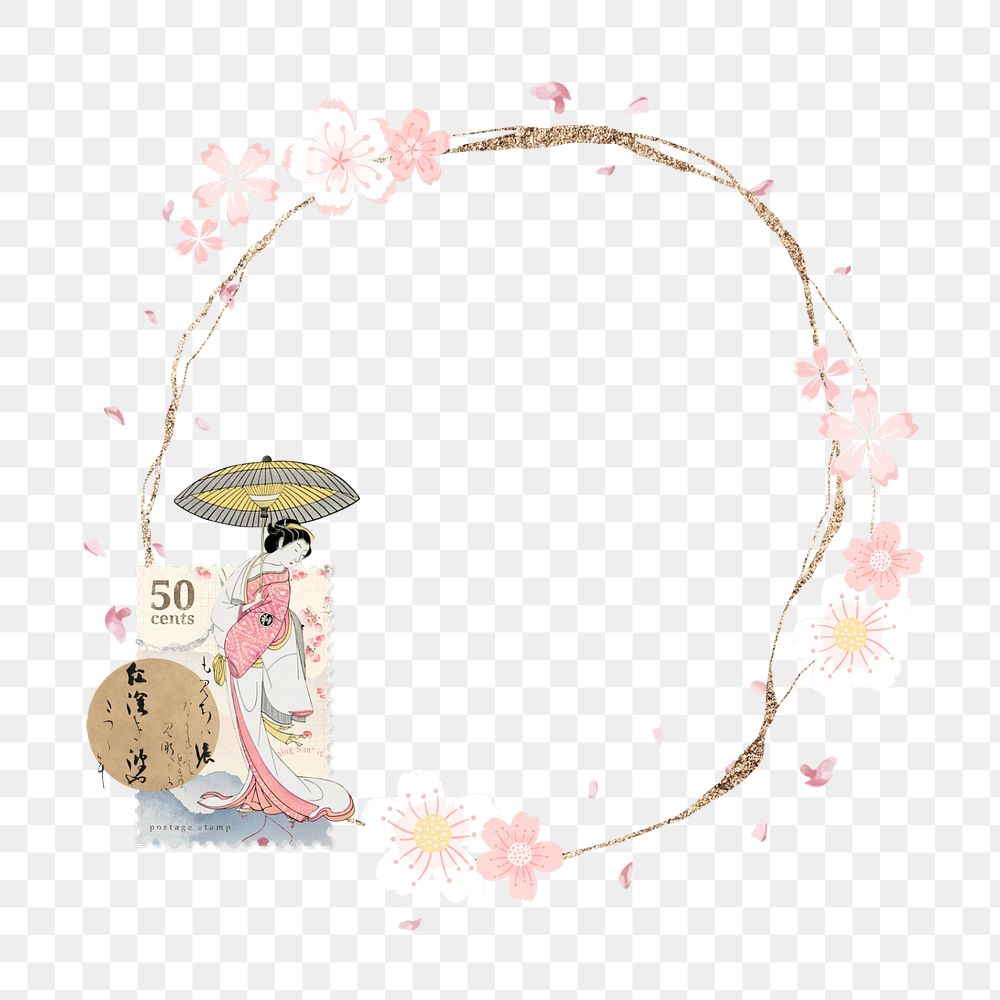 Vintage Spring floral round frame, editable Japanese woman design