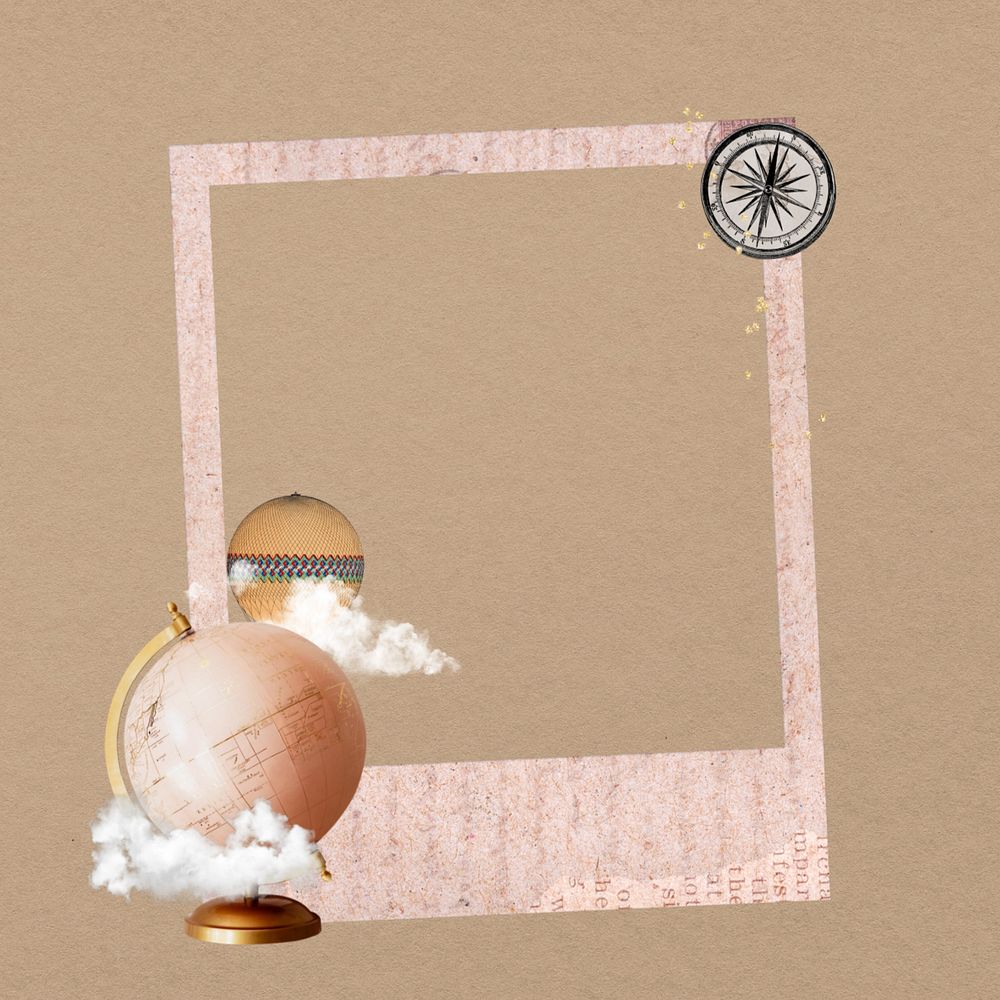 Editable travel instant film frame, editable pink globe ball collage element remix design