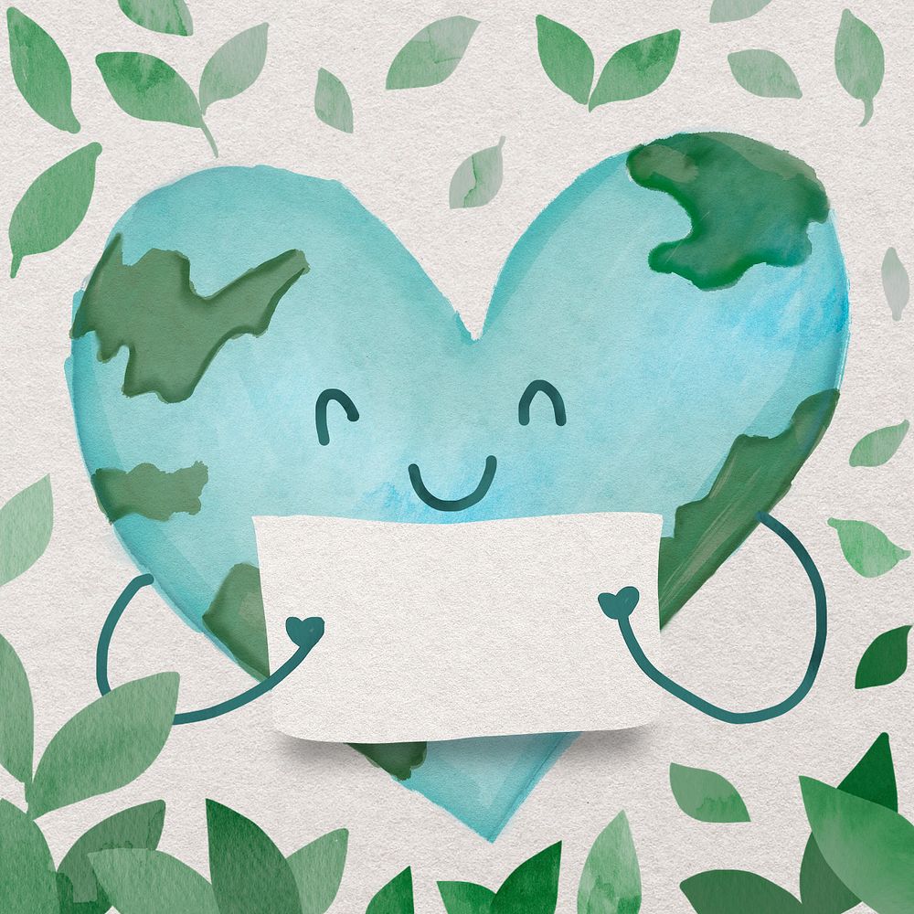 Cute happy earth watercolor doodle, editable environment illustration