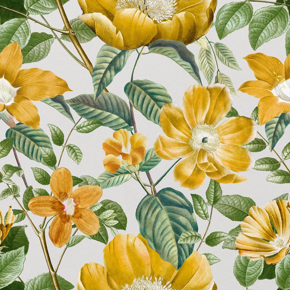 Vintage yellow flower pattern, editable aesthetic botanical illustration by Pierre Joseph Redouté. Remixed by rawpixel.