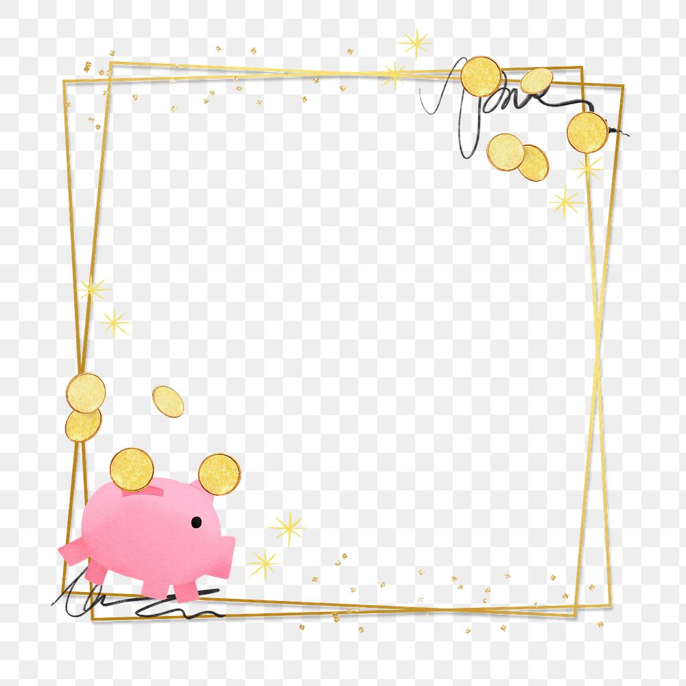 Piggy bank savings frame element, editable gold square shape design