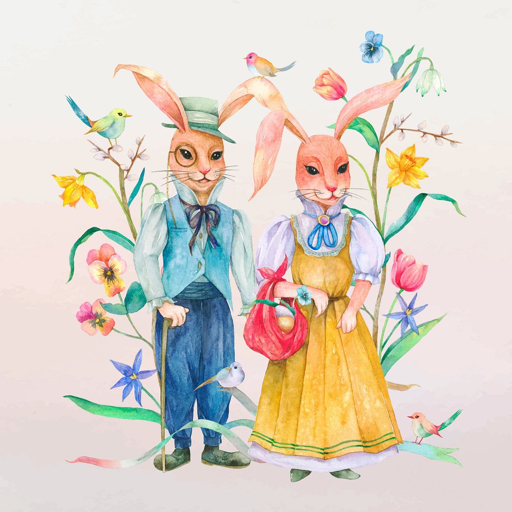 Spring rabbit characters, pink background, editable Easter watercolor design