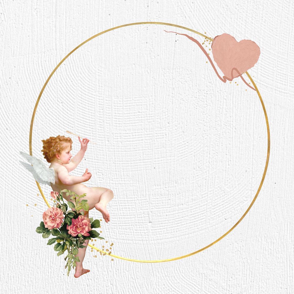 Valentine's gold round frame, editable cupid heart collage design