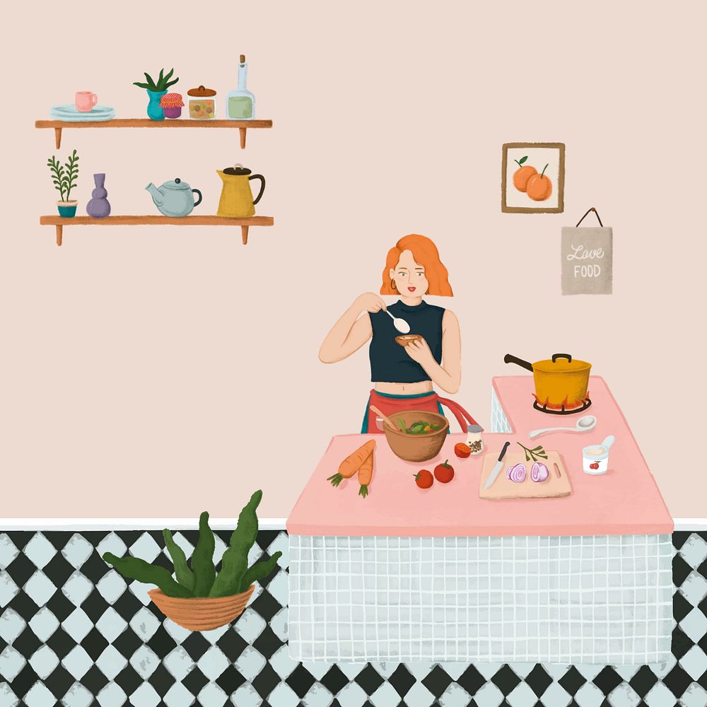 Cooking woman, feminine kitchen illustration, editable design