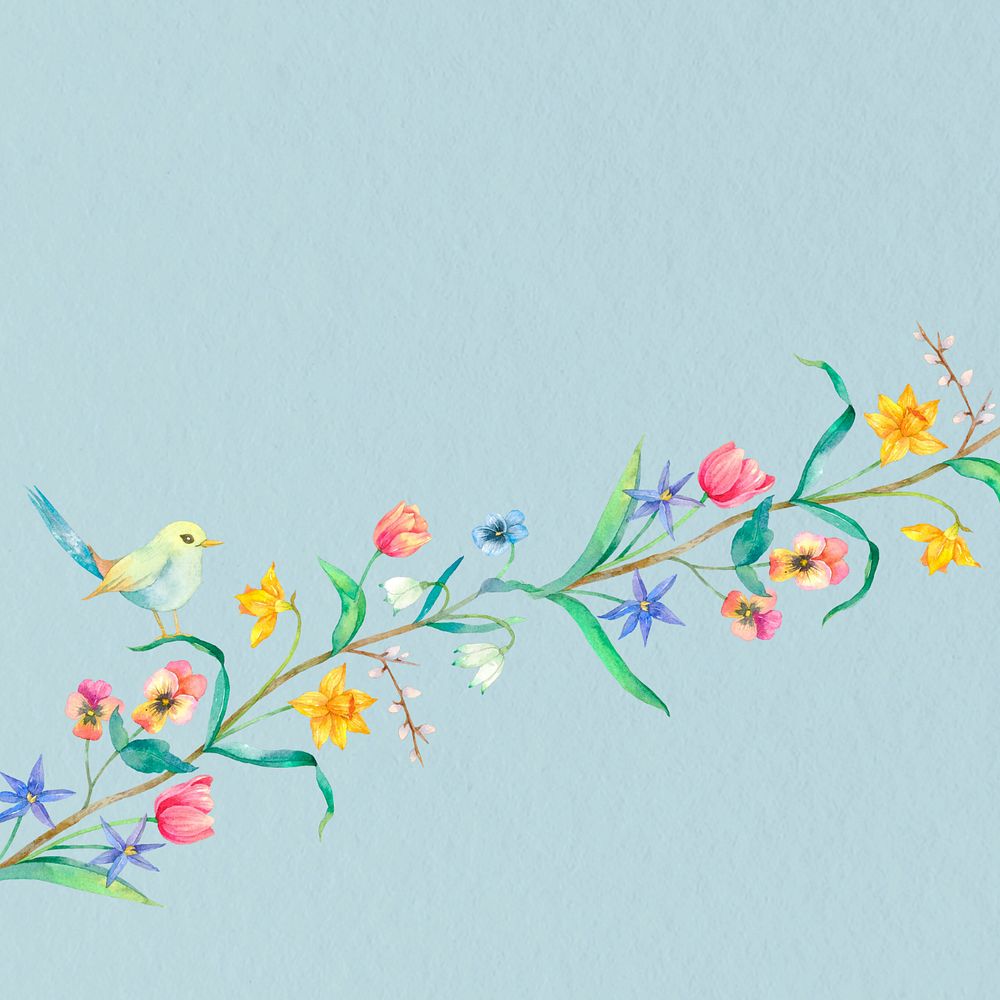 Spring flowers & bird illustration, editable watercolor design