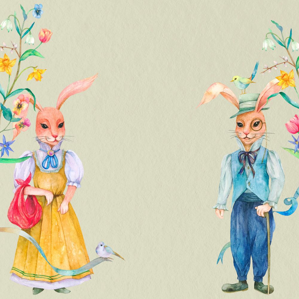 Rabbit characters & flowers border, editable vintage background