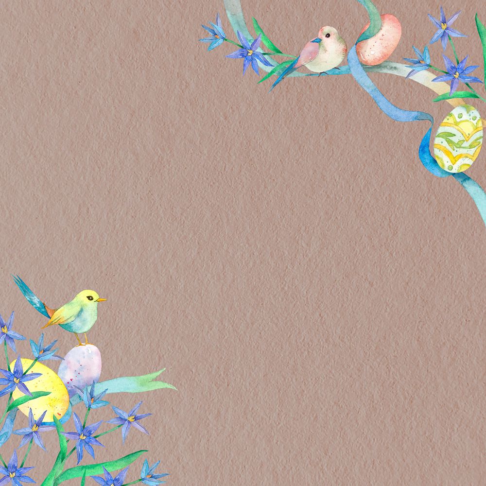 Easter birds & flowers brown background, editable watercolor illustration