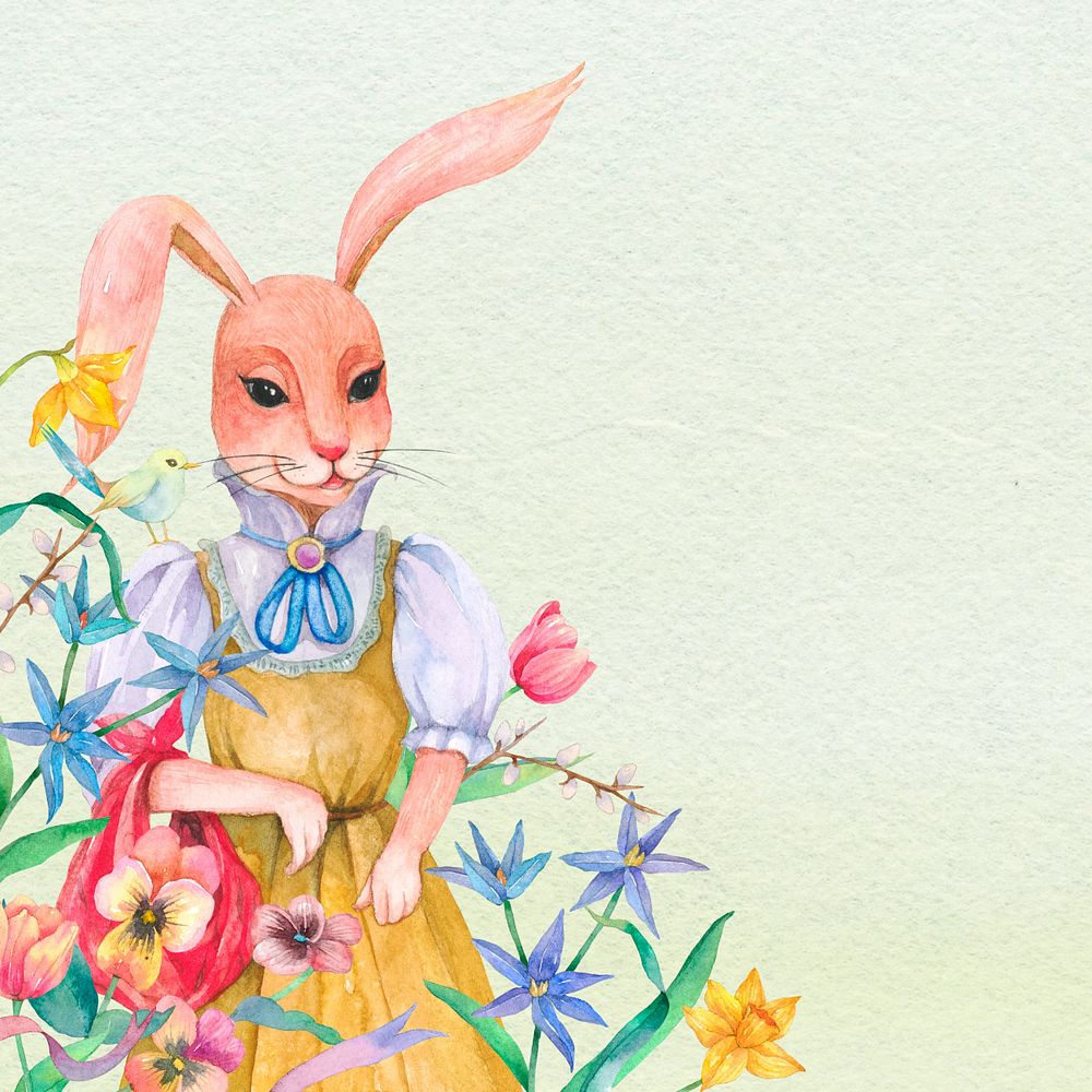 Spring rabbit character background, editable watercolor design