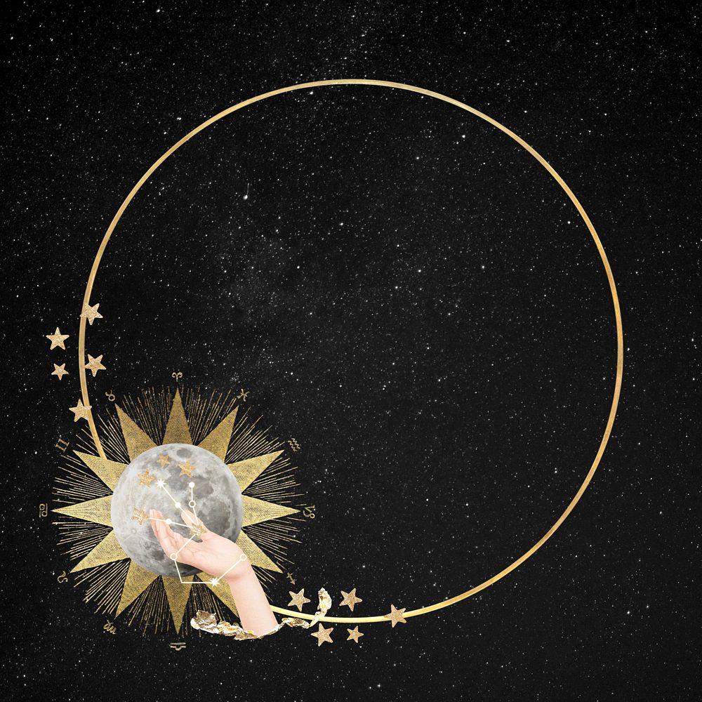 Aesthetic celestial round gold frame, editable astrology collage design