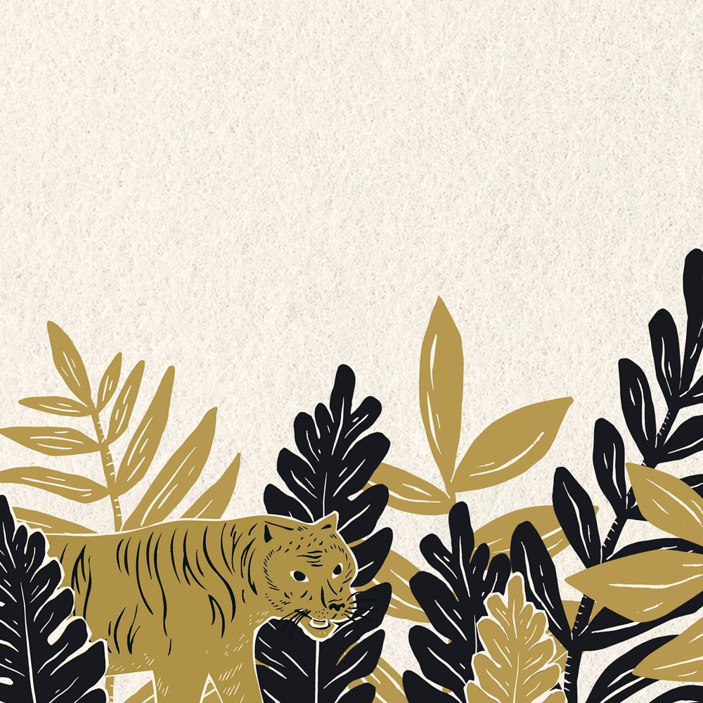 Gold tiger botanical border background, editable animal illustration