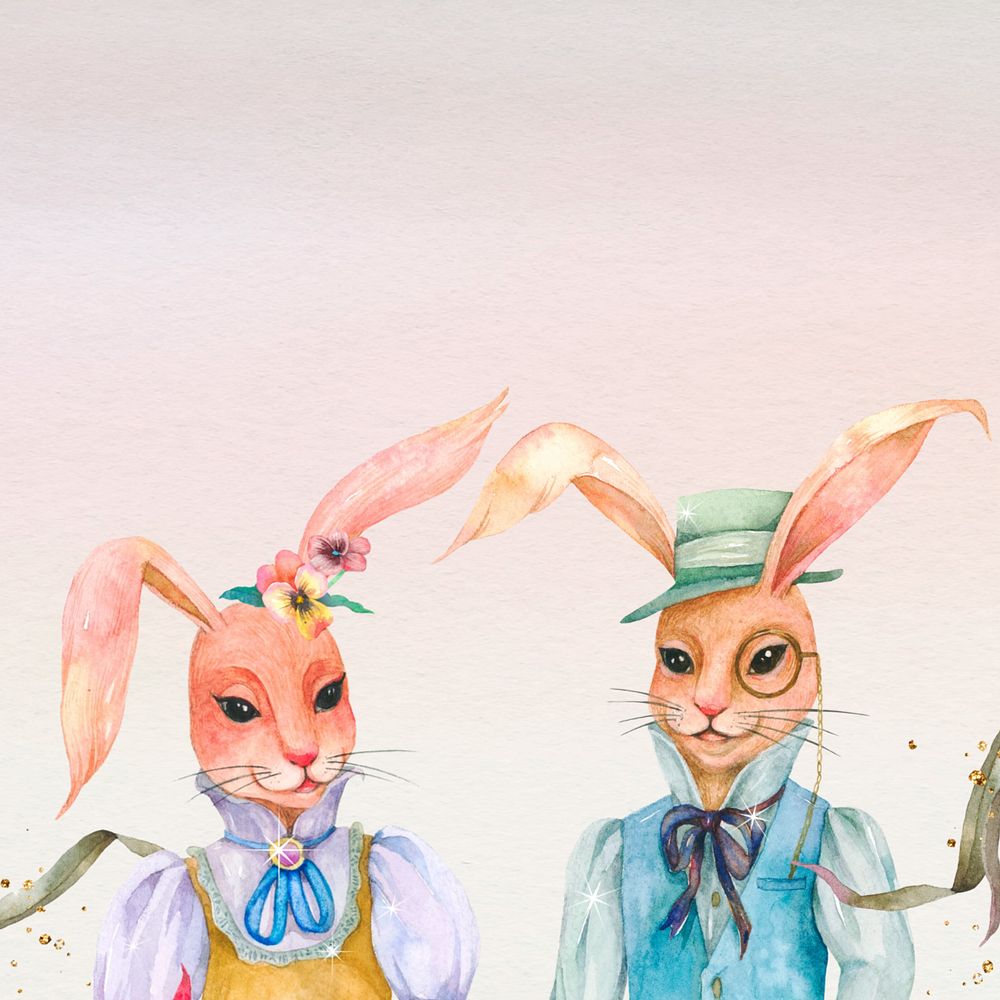 Rabbit characters couple background, editable watercolor illustration