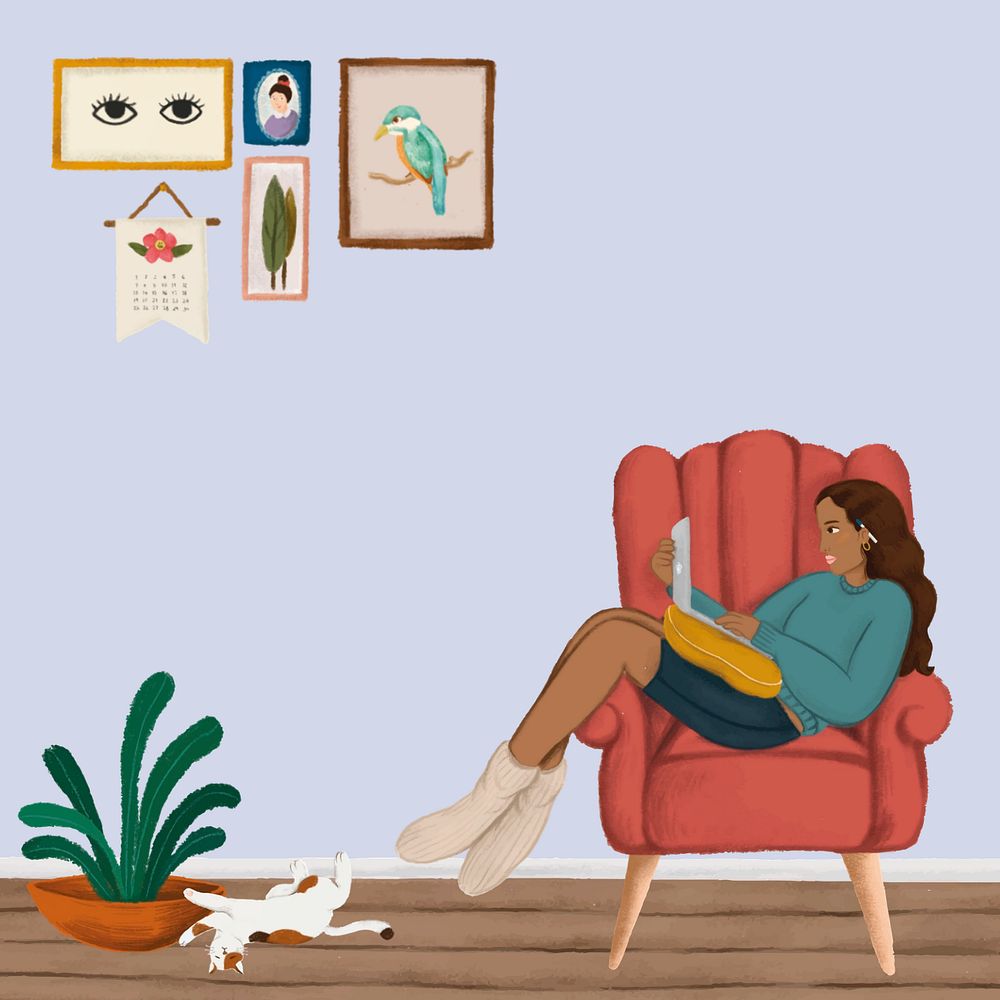 Woman working from home, aesthetic illustration, editable design