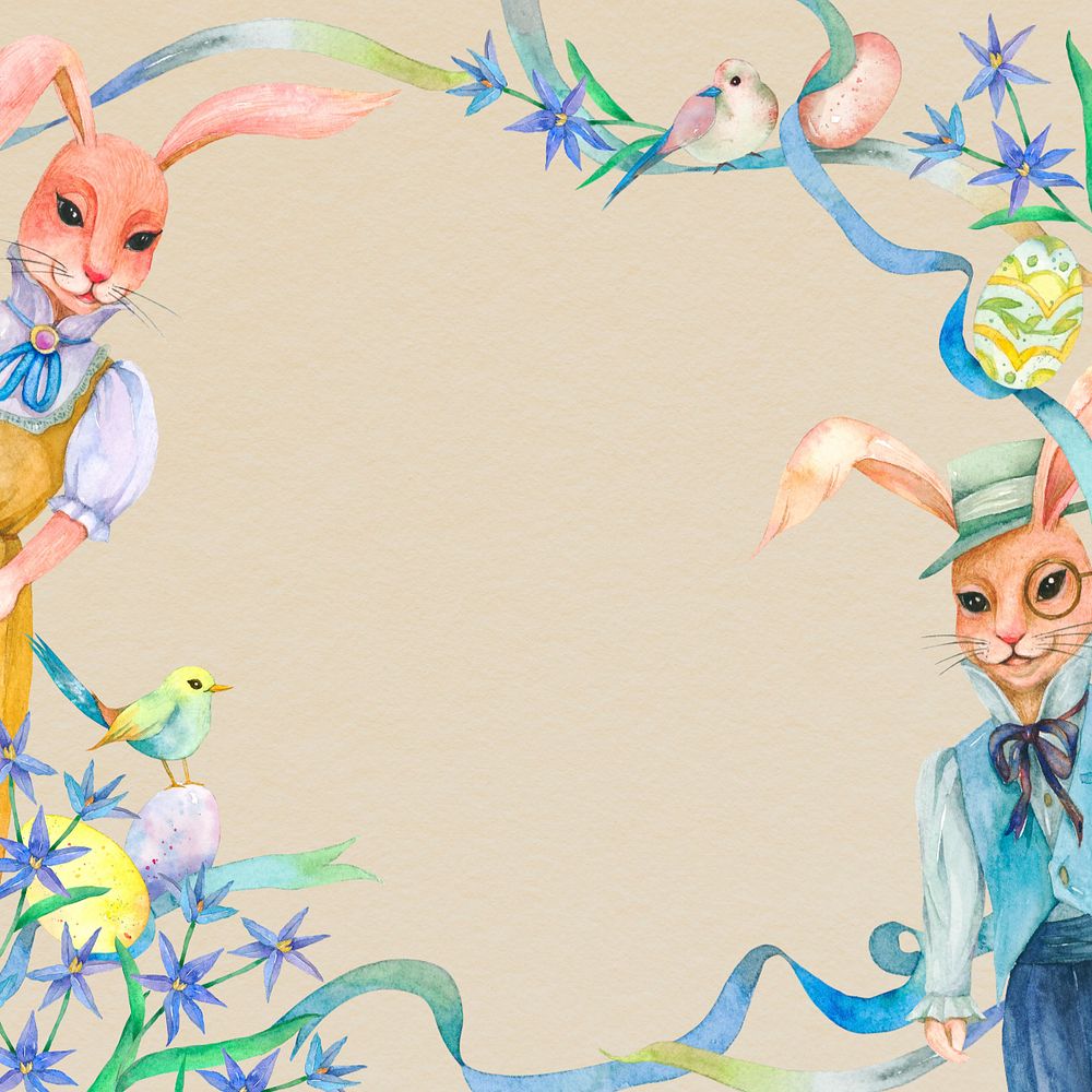 Floral rabbit couple, beige background, editable watercolor design 