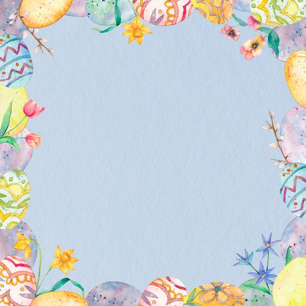 Easter eggs frame, blue background, editable colorful pastel design