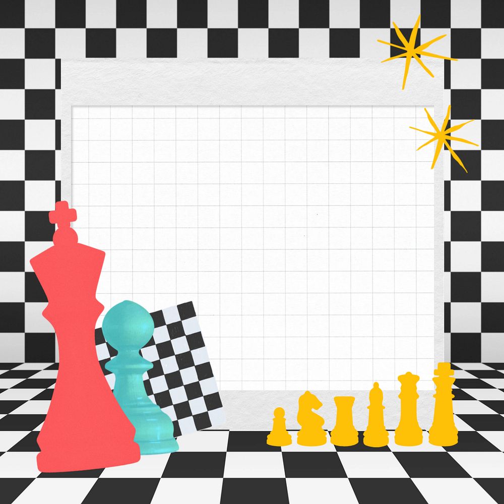 Grid notepaper, editable chess pieces collage design