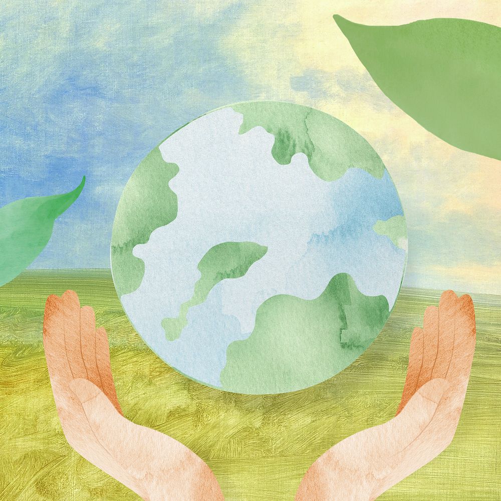 Hands supporting globe watercolor illustration, editable design