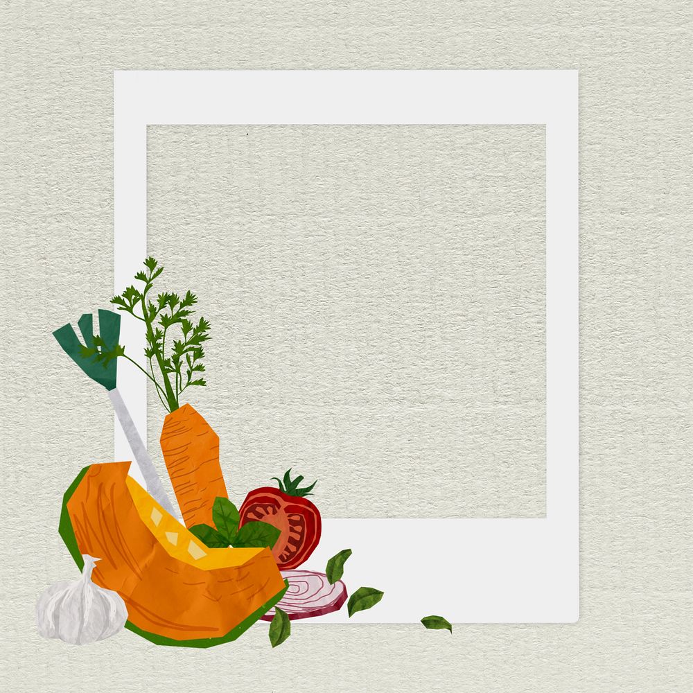 Editable instant film frame, vegetable collage element remix design