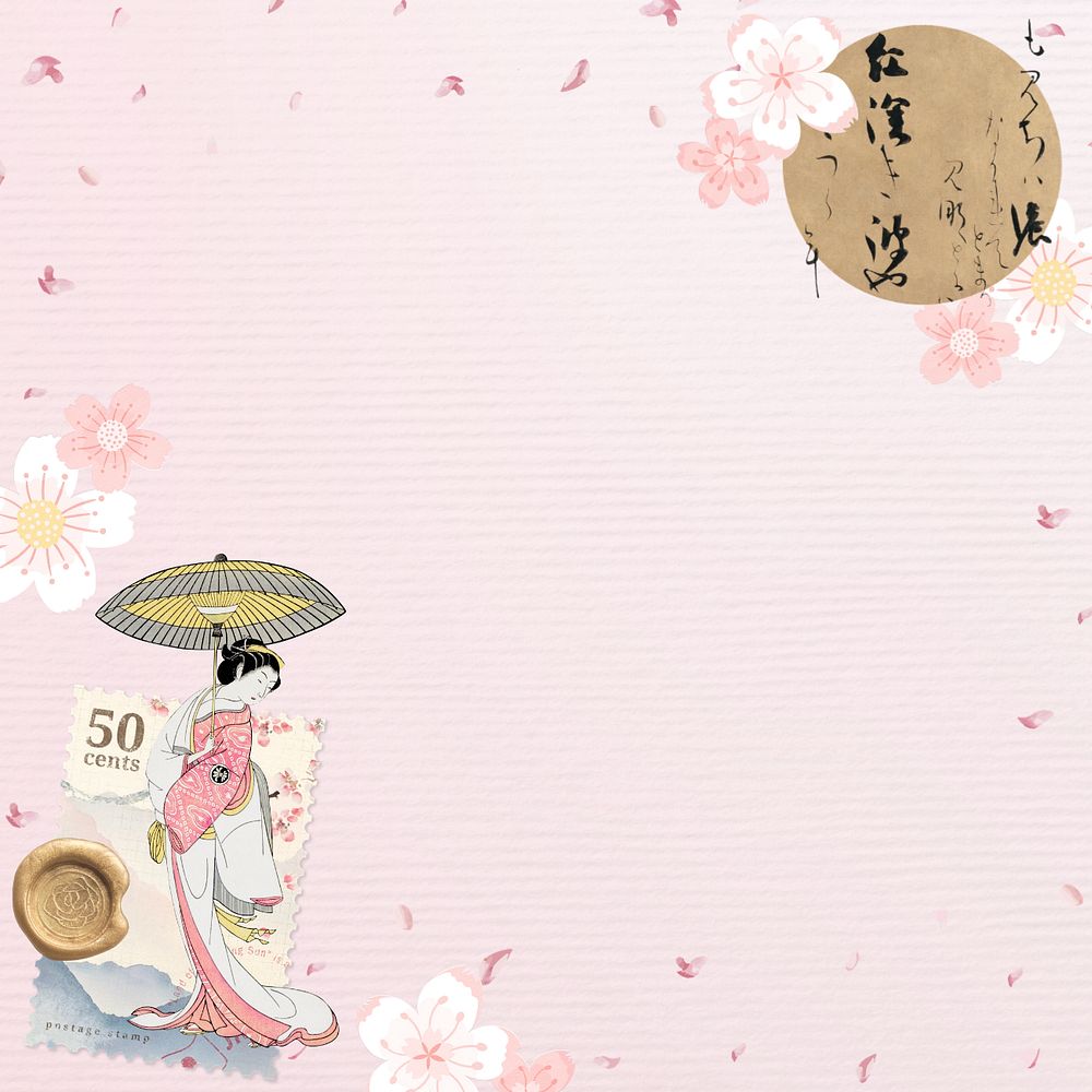 Vintage Japanese woman border, editable pink background