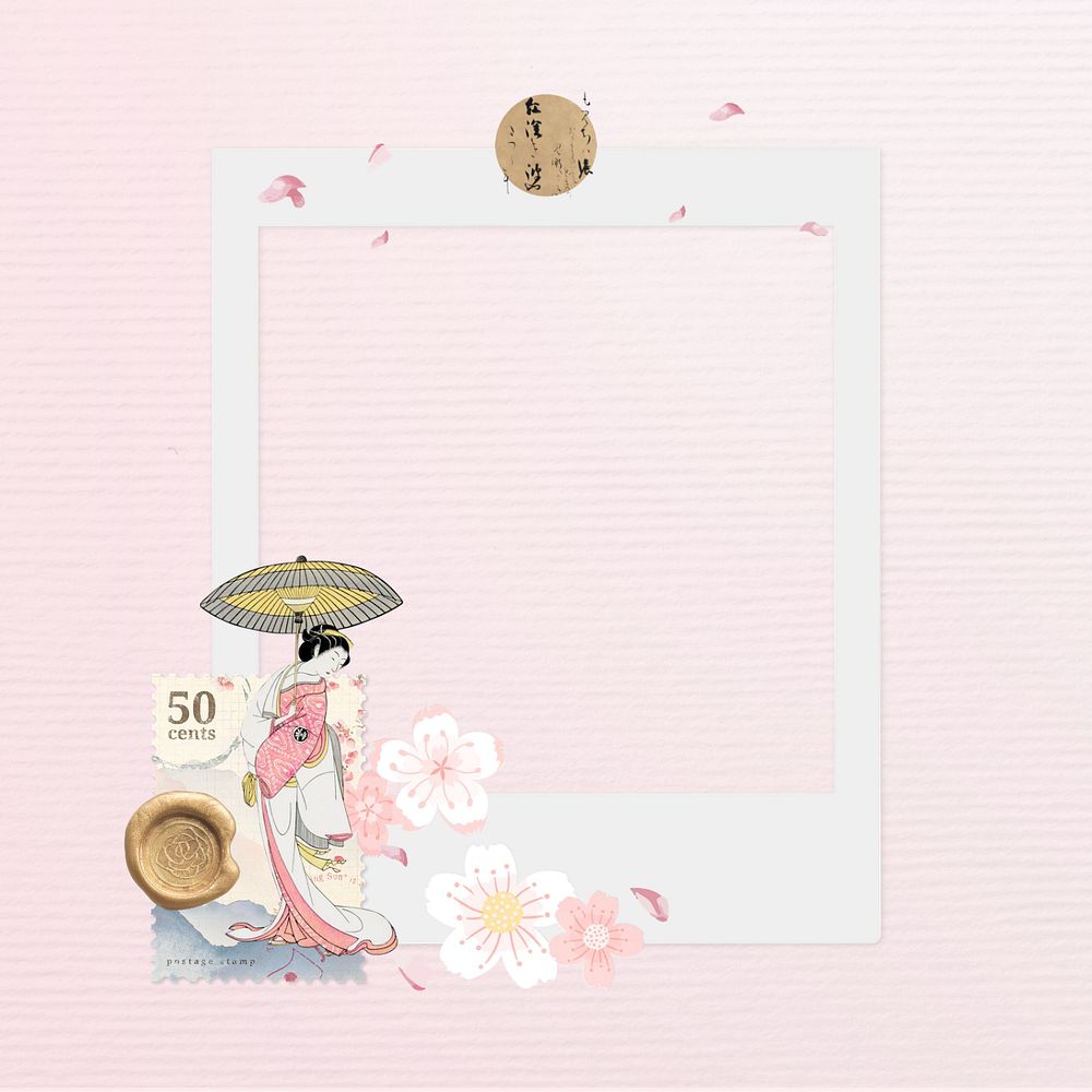 Japanese sakura instant film frame, editable collage element remix design