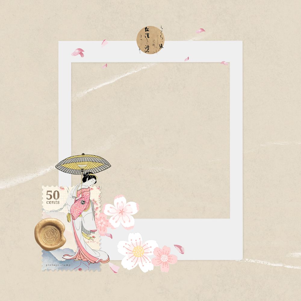 Editable instant film frame, vintage Japanese woman character collage element remix design