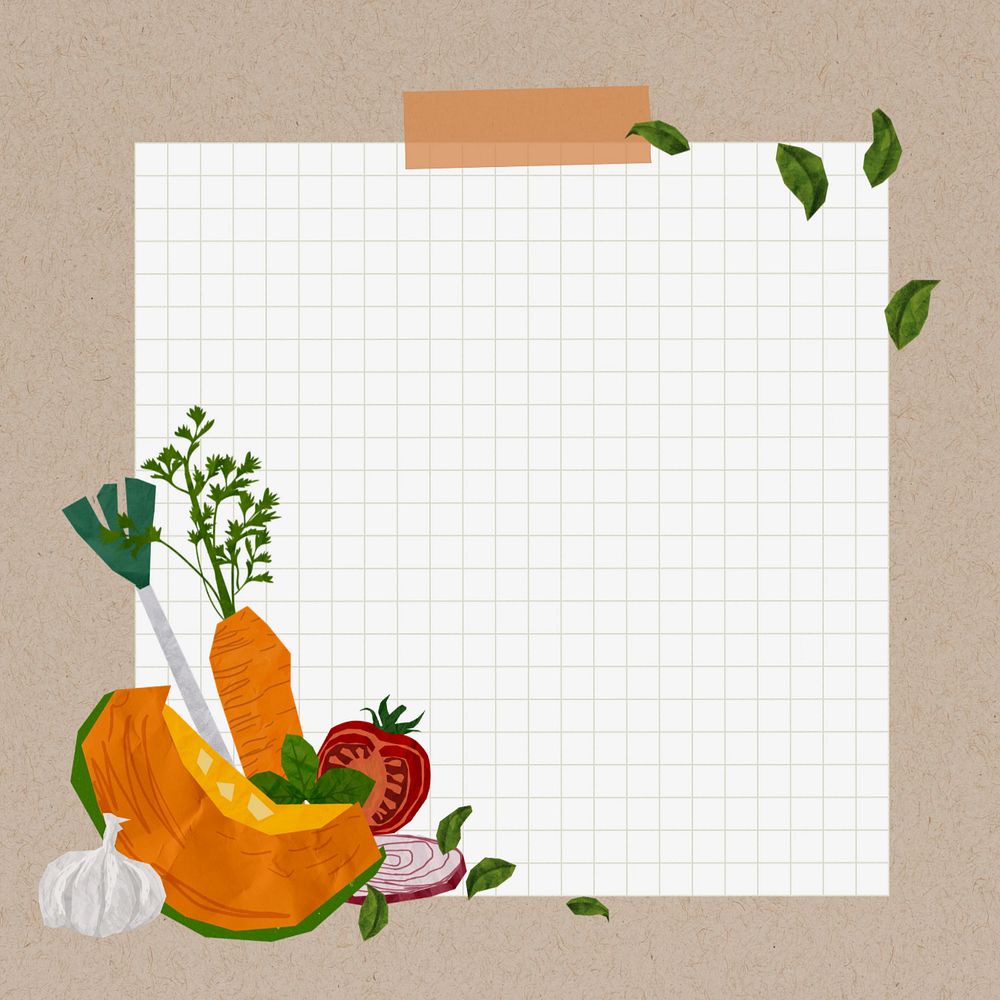 Grid note paper, editable vegetable border collage design