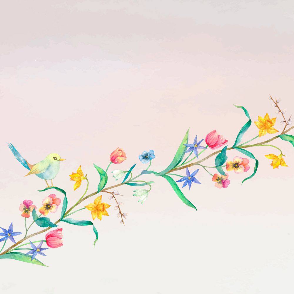 Vintage spring background, editable flowers & bird illustration