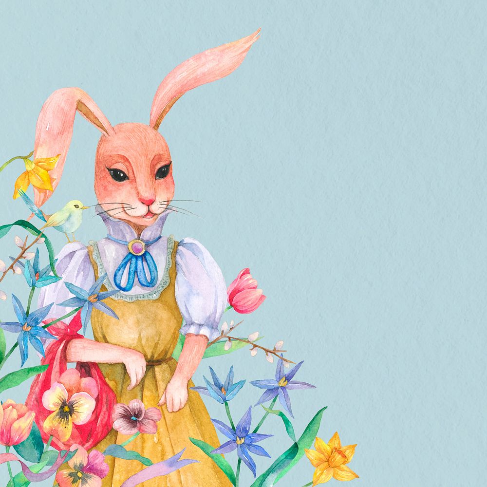 Floral rabbit character, blue background, editable watercolor design