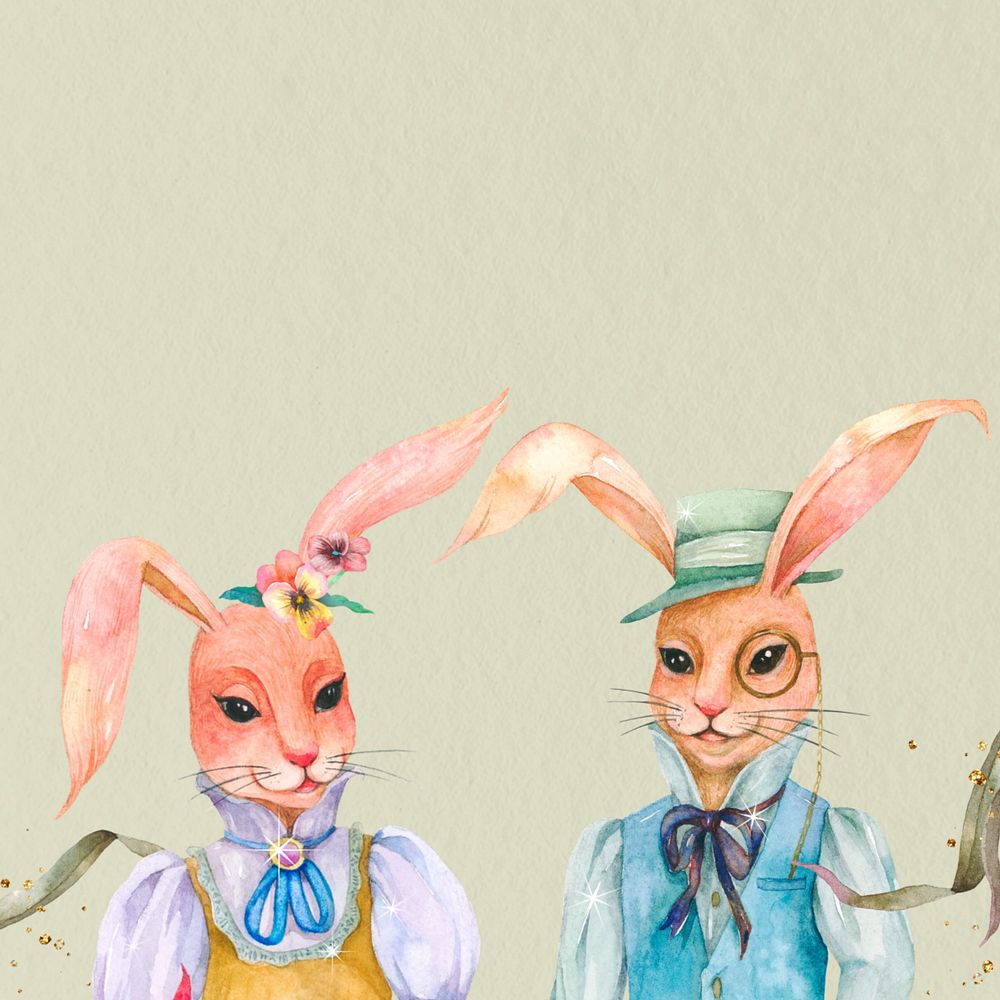 Rabbit characters couple, green background, editable watercolor illustration